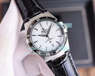 Replica Omega Constellation Gents' Watch White Dial Black Bezel Black Leather Strap 39mm